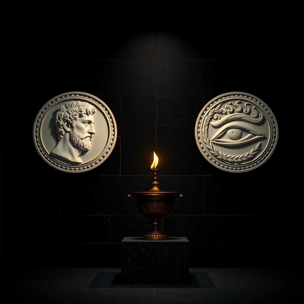 pantheon monument: marble medallions of Janus and Argus flanking an eternal flame